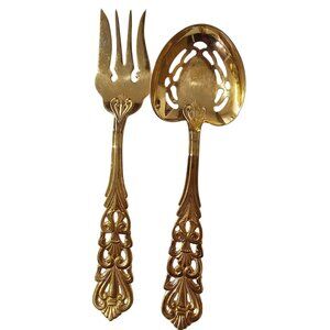 Baroque Pierced Fork Spoon Serving Set 10" goldplate scroll embellished flaw